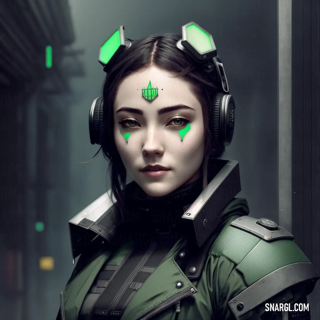 Woman with headphones and green eyes wearing a green outfit and green ear muffs with a green light on her forehead