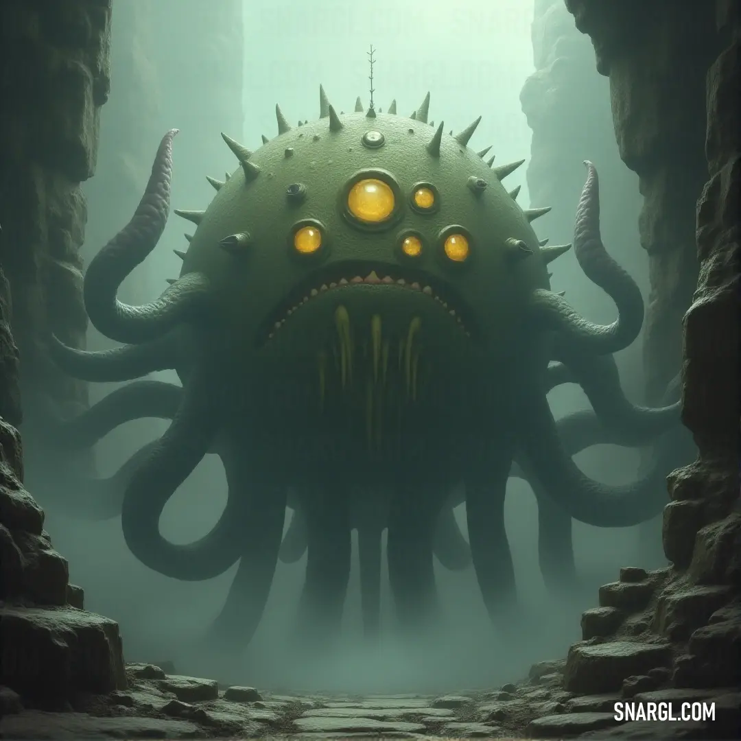 A strange, otherworldly great gazer with glowing yellow eyes stands in a mysterious cave, surrounded by rocks and the quiet flow of water. A bizarre, otherworldly great gazer with piercing yellow eyes, lurking in a dark cave filled with rocks and the still waters that reflect its eerie presence.