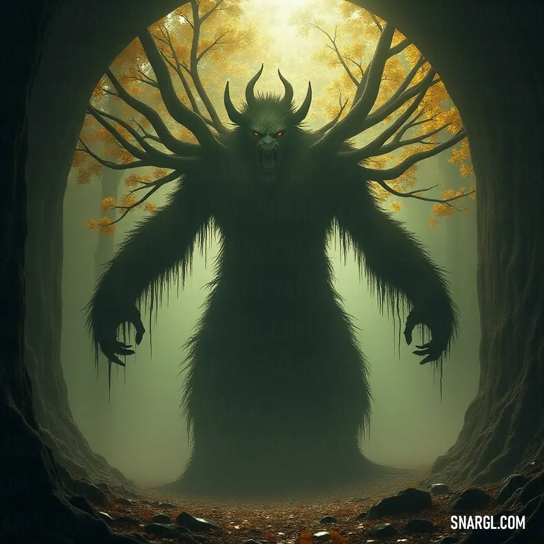 A towering Giant Great Tree Guardian commands attention in a sun-dappled forest, its horned visage filled with an intensity that reflects the beauty of autumn leaves scattered around, illuminated by a magical light filtering through the branches.