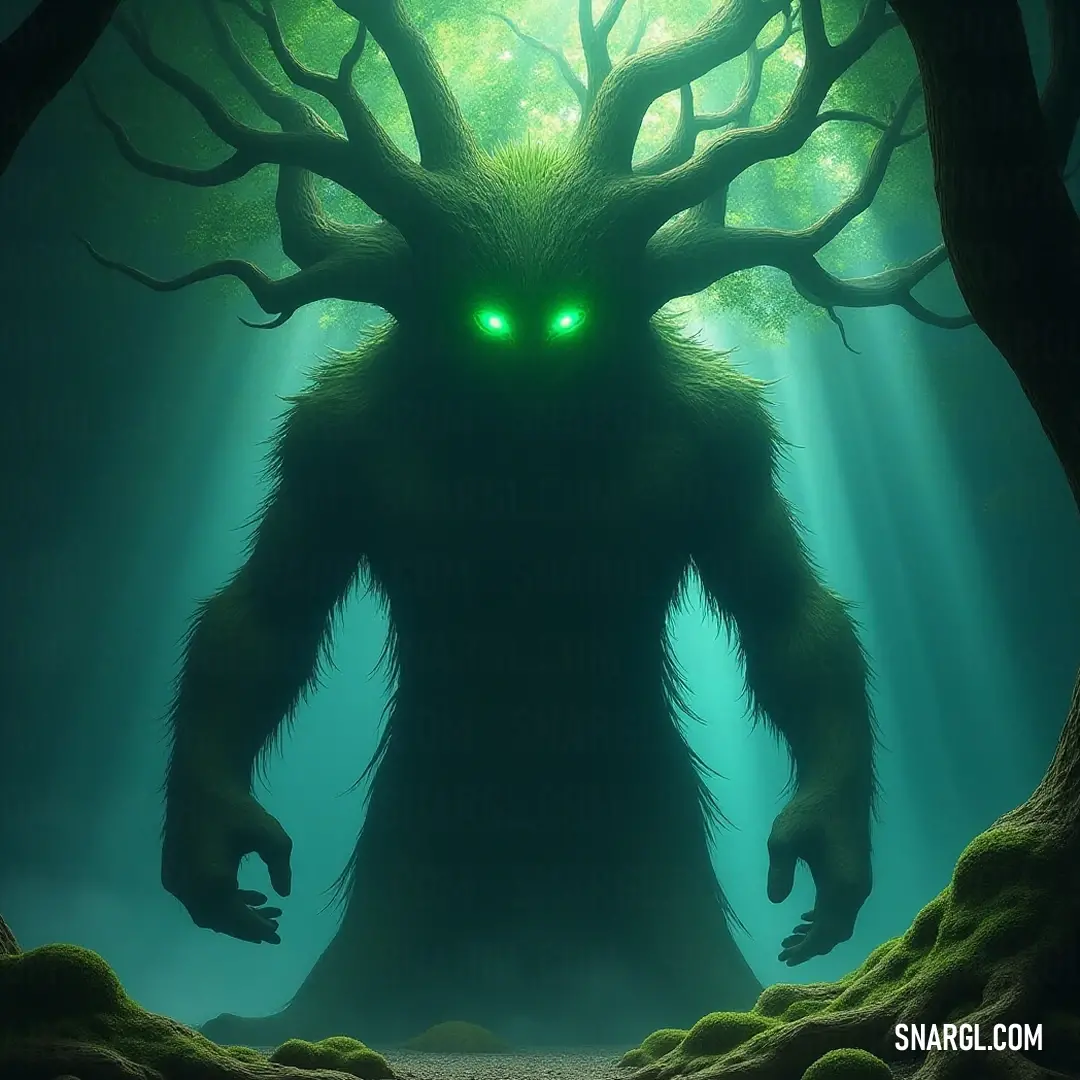 Experience the commanding presence of the Giant Great Tree Guardian, its glowing eyes illuminating the darkened forest, embodying the spirit of strength and resilience among the trees. The Giant Great Tree Guardian towers over its forest abode, radiant glowing eyes that pierce the shadows. Surrounded by resilient trees and rugged rocks, it is an emblem of nature's raw power and beauty standing firm against the elements.