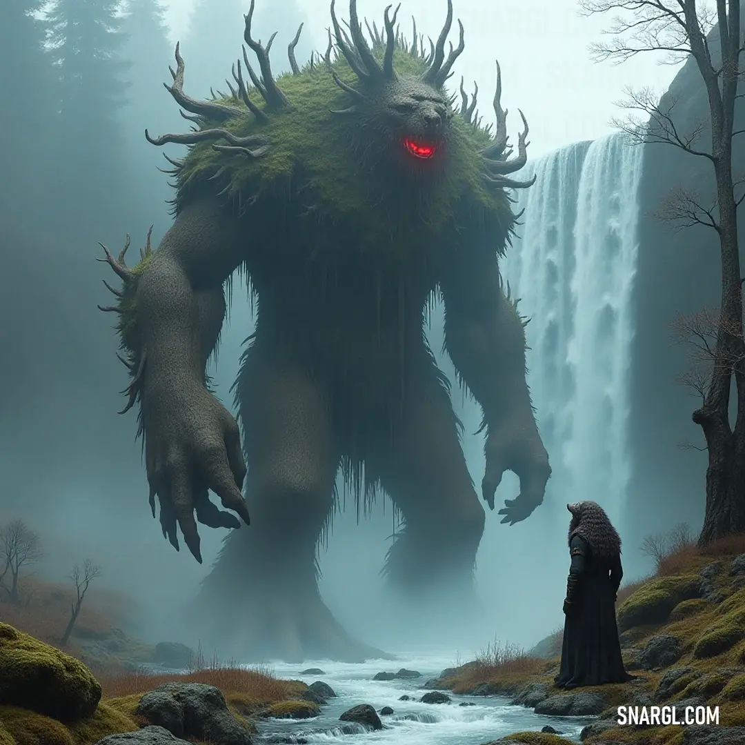 Witness the awe-inspiring sight of the Giant Great Tree Guardian, its red-lit gaze fixed upon a tranquil waterfall, symbolizing the powerful bond between nature's grandeur and human curiosity. A formidable Giant Great Tree Guardian stands by a cascading waterfall, its red eyes glowing brilliantly. Beside it, a woman gazes up in wonder, symbolizing the connection between humanity and the mystical forces of the forest.