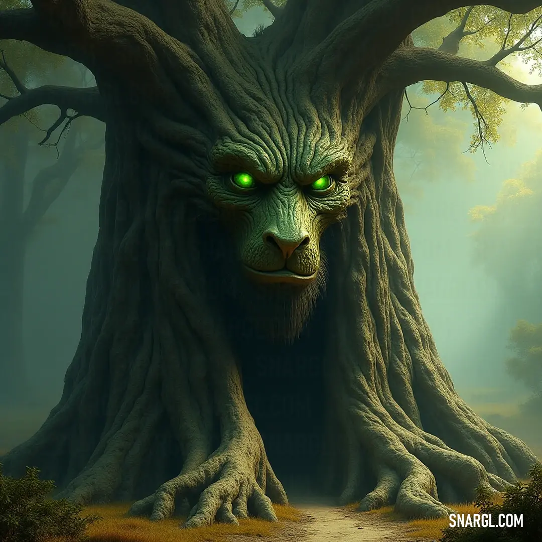 Encounter the Great Tree Guardian, whose watchful face peeks from the protective embrace of the tree trunk, guarding the secrets of the forest with wisdom and age-old strength. A Green Great Tree Guardian peers from behind the gnarled trunk, its face emerging with expressive features. The forest path before it winds mysteriously, inviting exploration into the untamed wilderness guarded by ancient spirits.