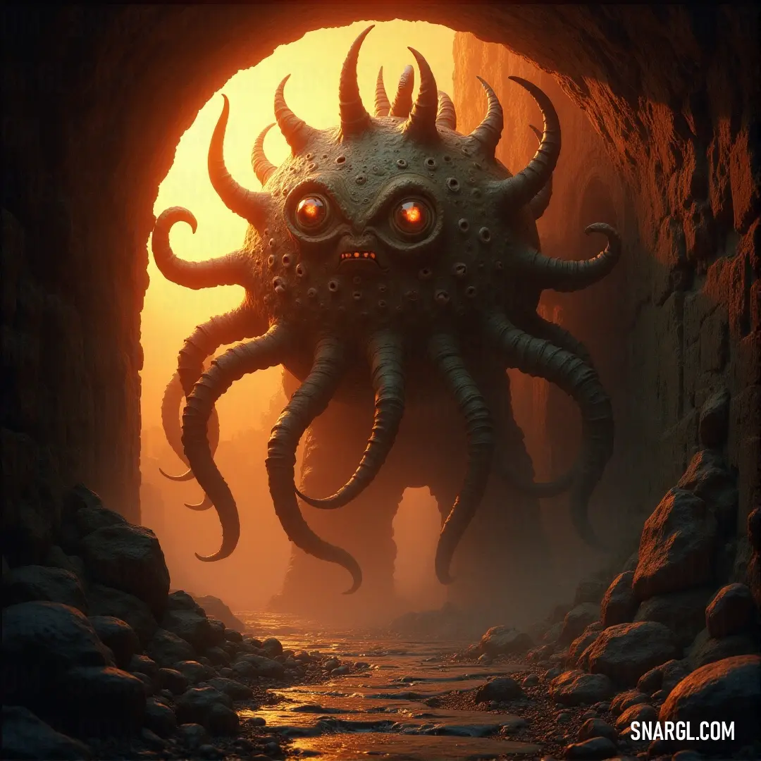 A giant octopus with glowing eyes sits near a stream in a cave, its massive form illuminated by the water’s glow. In the cool, dark depths of a cave, a giant octopus with glowing eyes lounges near a stream, its form illuminated by the soft light reflecting off the water. The quiet ambiance of the scene contrasts with the intimidating size of the creature.