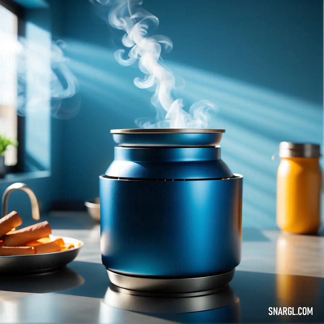 Blue pot with steam rising out of it next to a plate of food on a table with a window. Example of CMYK 91,44,0,29 color.