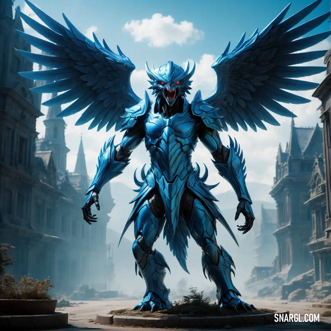 Blue winged creature standing in a city street with buildings in the background