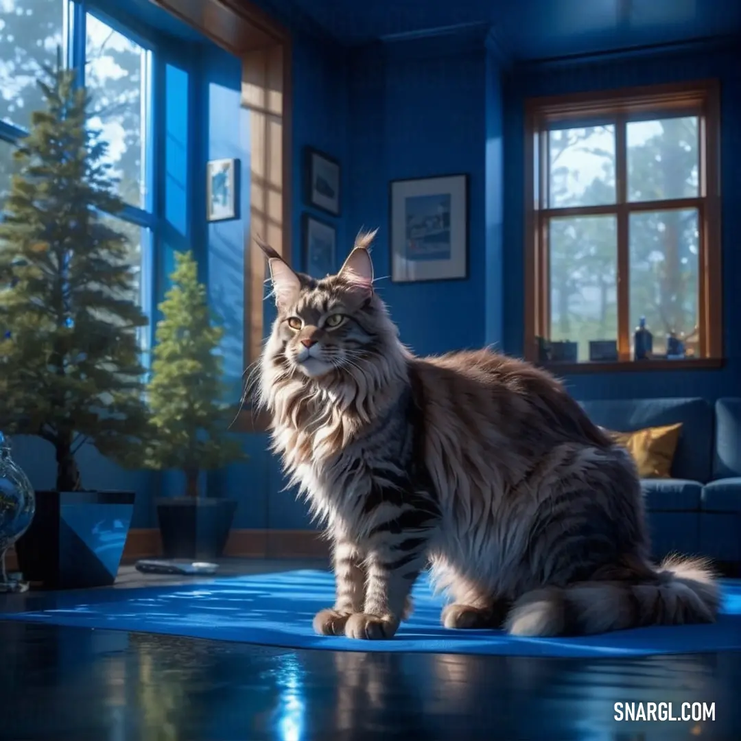 Cat on a blue rug in a living room with a christmas tree in the background. Color CMYK 91,44,0,29.