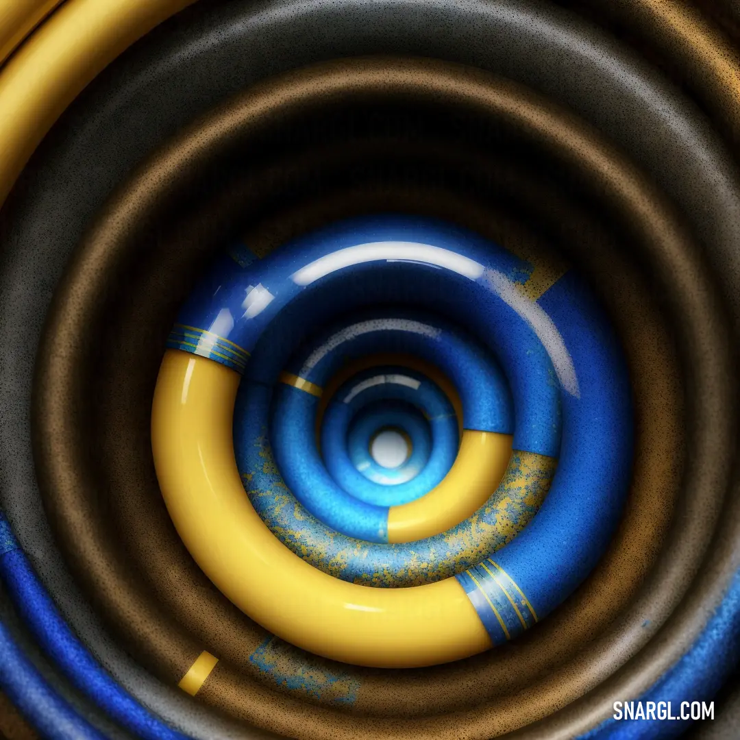 Close up of a blue and yellow object with a yellow center and a black center. Example of CMYK 91,44,0,29 color.