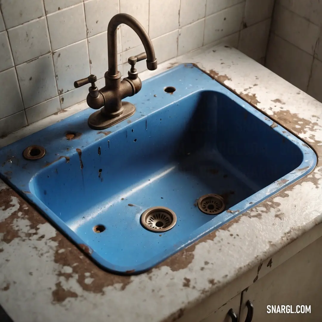 Green Blue color example: Dirty sink with a faucet and a dirty counter top in a bathroom with white tiles