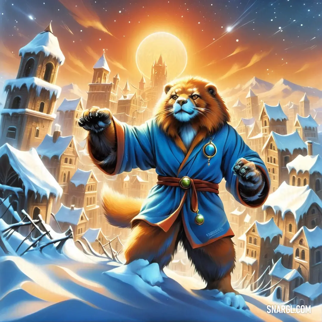 Green Blue color. Painting of a bear in a blue coat in a snowy landscape with a castle in the background
