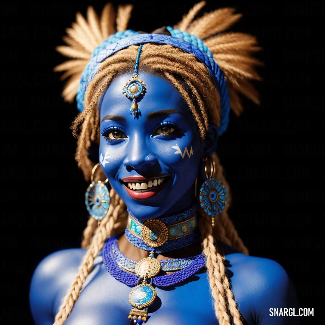 Woman with blue makeup and braids on her head and face is smiling at the camera with a smile. Color CMYK 91,44,0,29.
