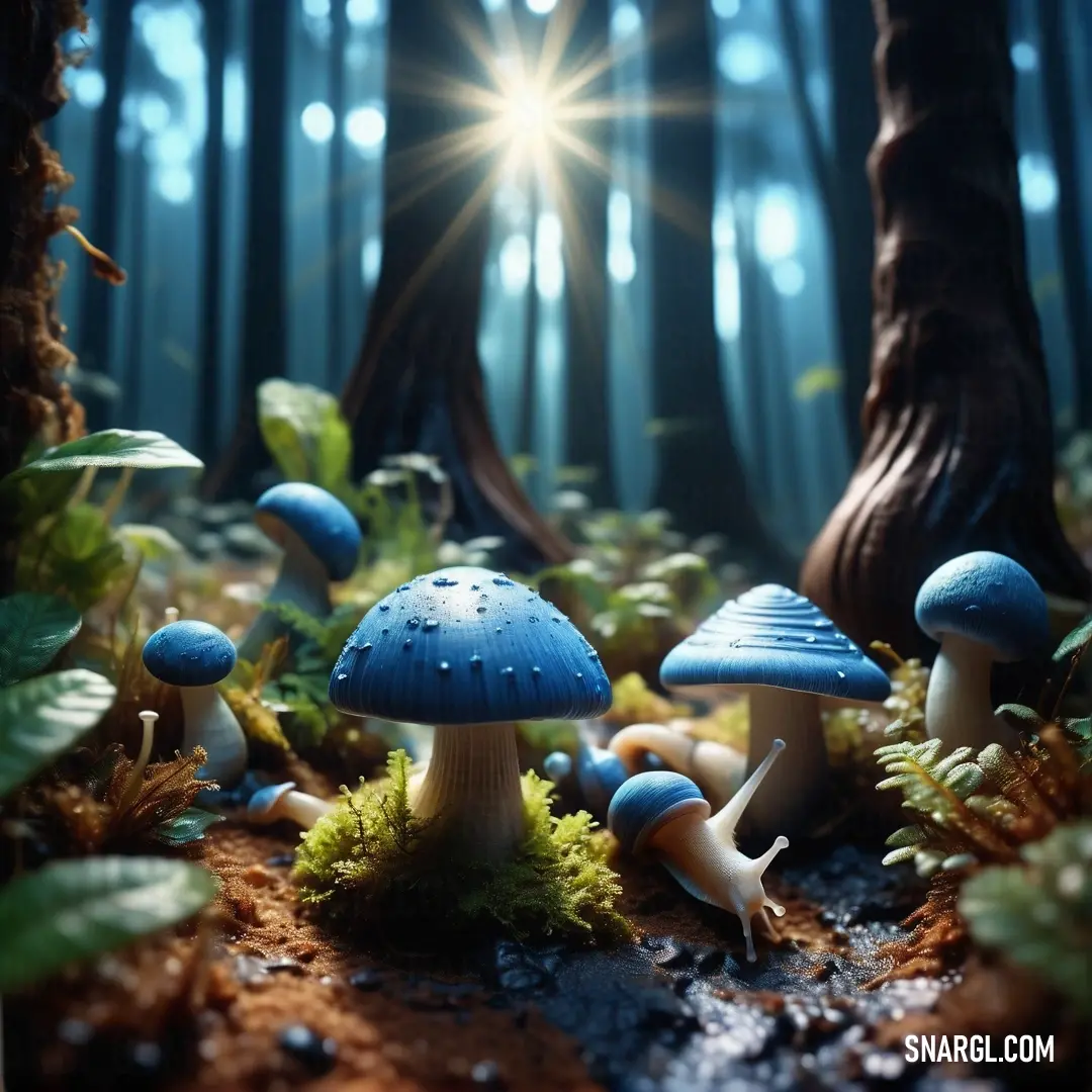 Group of mushrooms in a forest with sunlight shining through the trees and leaves on the ground