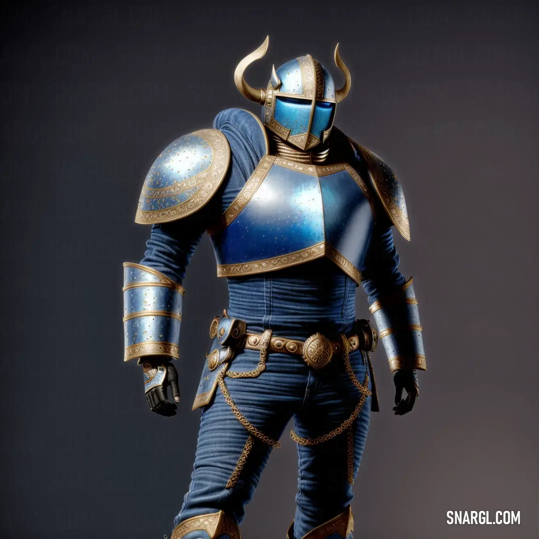 Man in a blue and gold armor and helmet standing in a pose with his hands on his hips