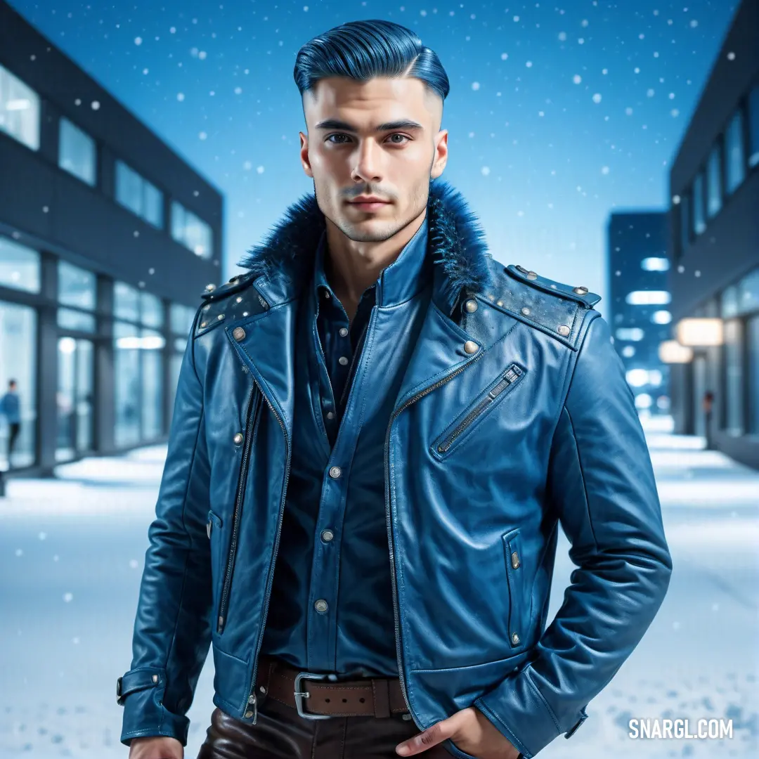 Man in a blue leather jacket standing in front of a building with snow falling on the ground. Example of #1164B4 color.