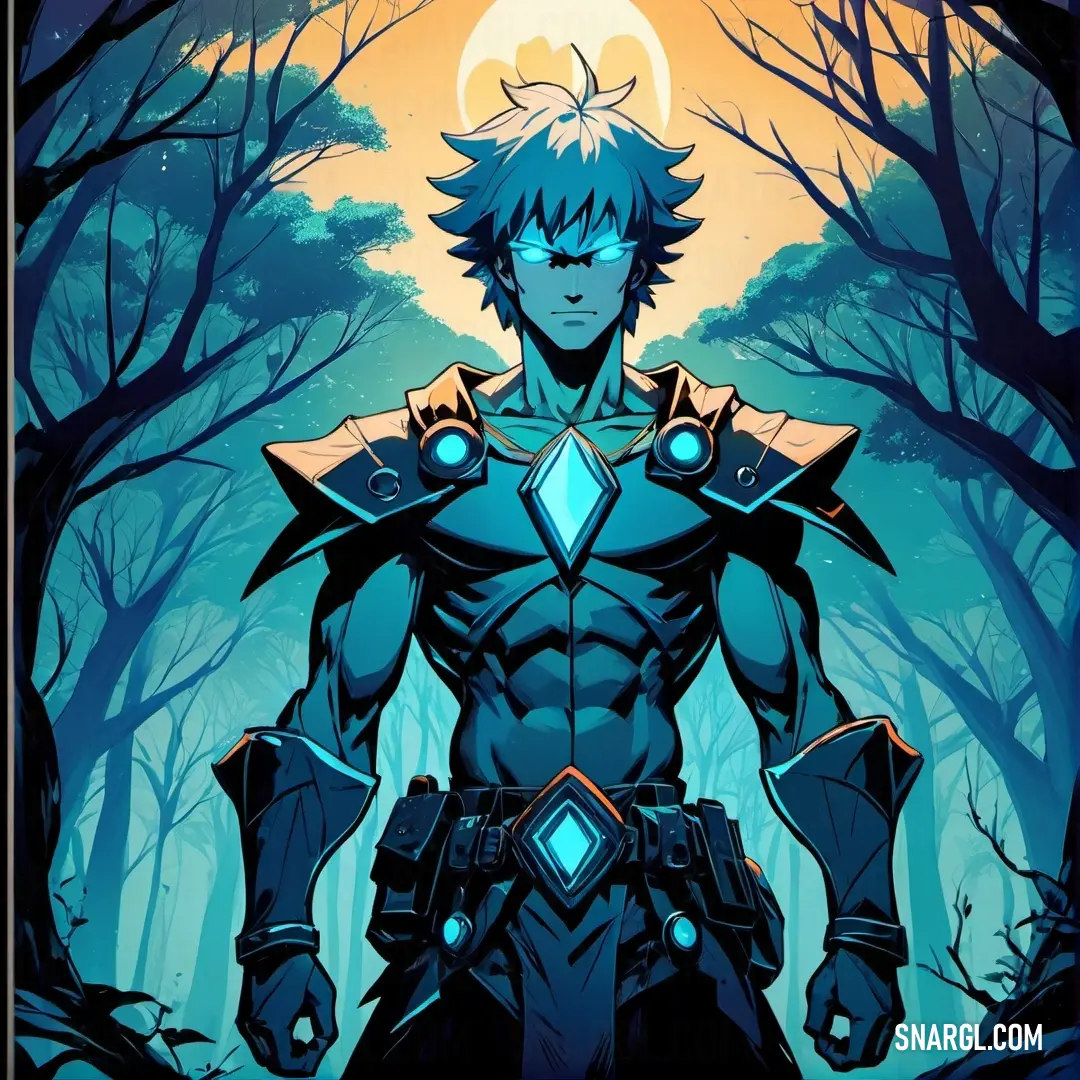 Man in a blue outfit standing in a forest with trees and a moon in the background with a sword. Color #1164B4.