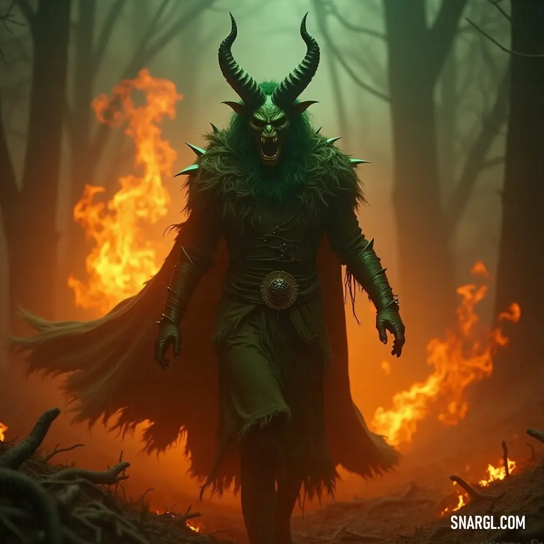 A formidable Green Witch navigating through a forest, radiant in green, with flames illuminating the backdrop of her magical journey. A fierce Green Witch, donned in an emerald ensemble, strides boldly through the imposing forest. Flames dance in the background, merging elements of nature and magic, illustrating the power and mystery contained within her presence as she communes with th
