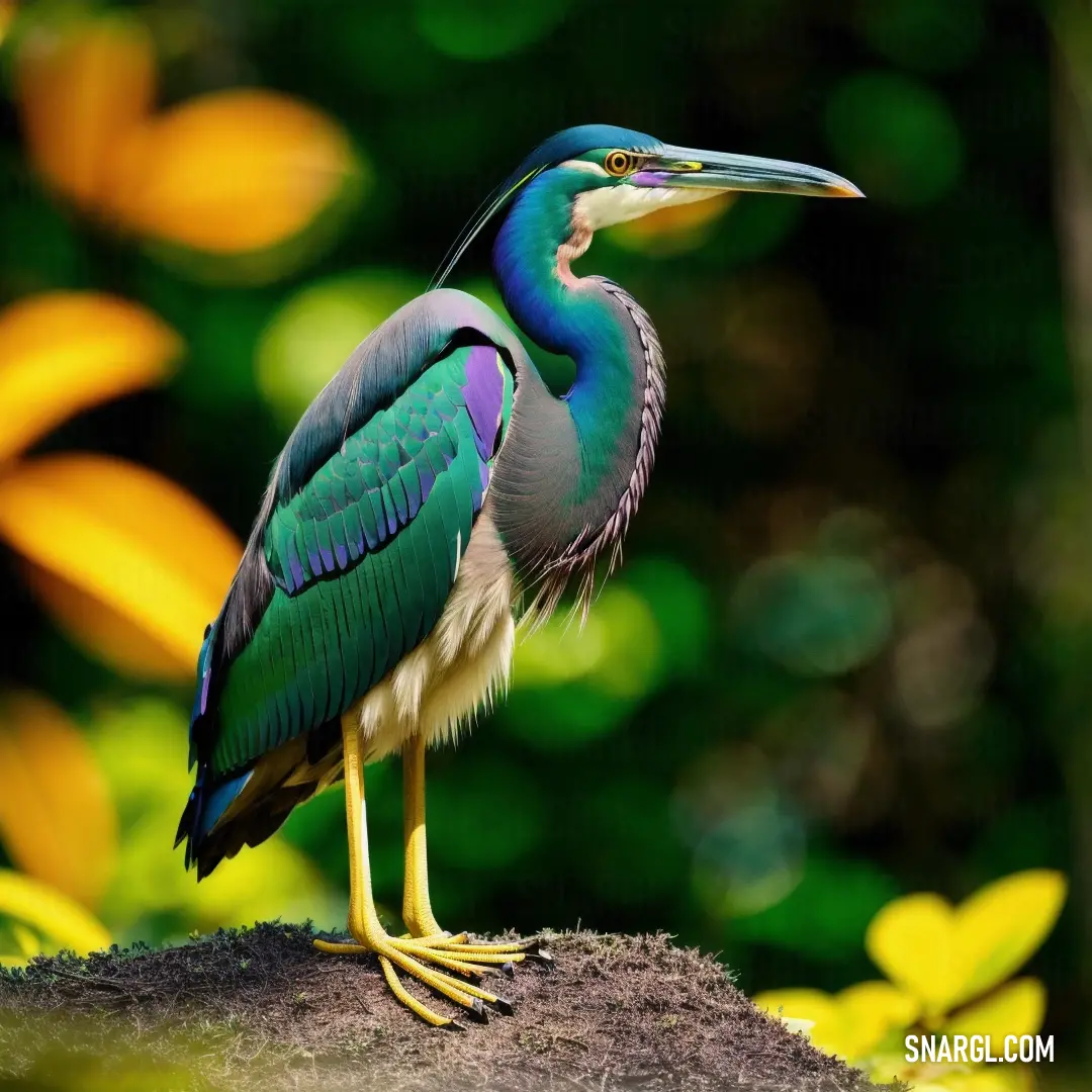 Bird with a long beak standing on a rock in a forest with yellow flowers and green leaves in the background
