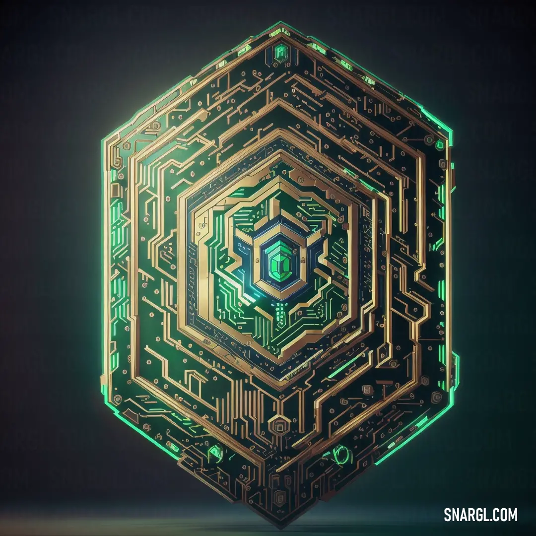 Computer circuit board with a green light in the middle of it and a hexagonal pattern on the side