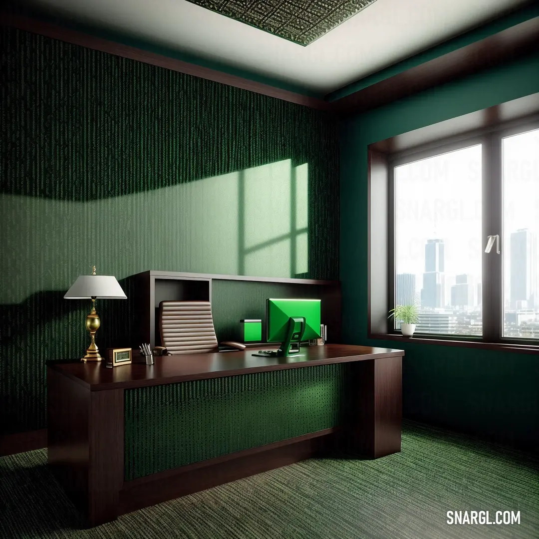 Desk with a lamp and a window in a room with green walls and a green carpeted floor. Color Green.