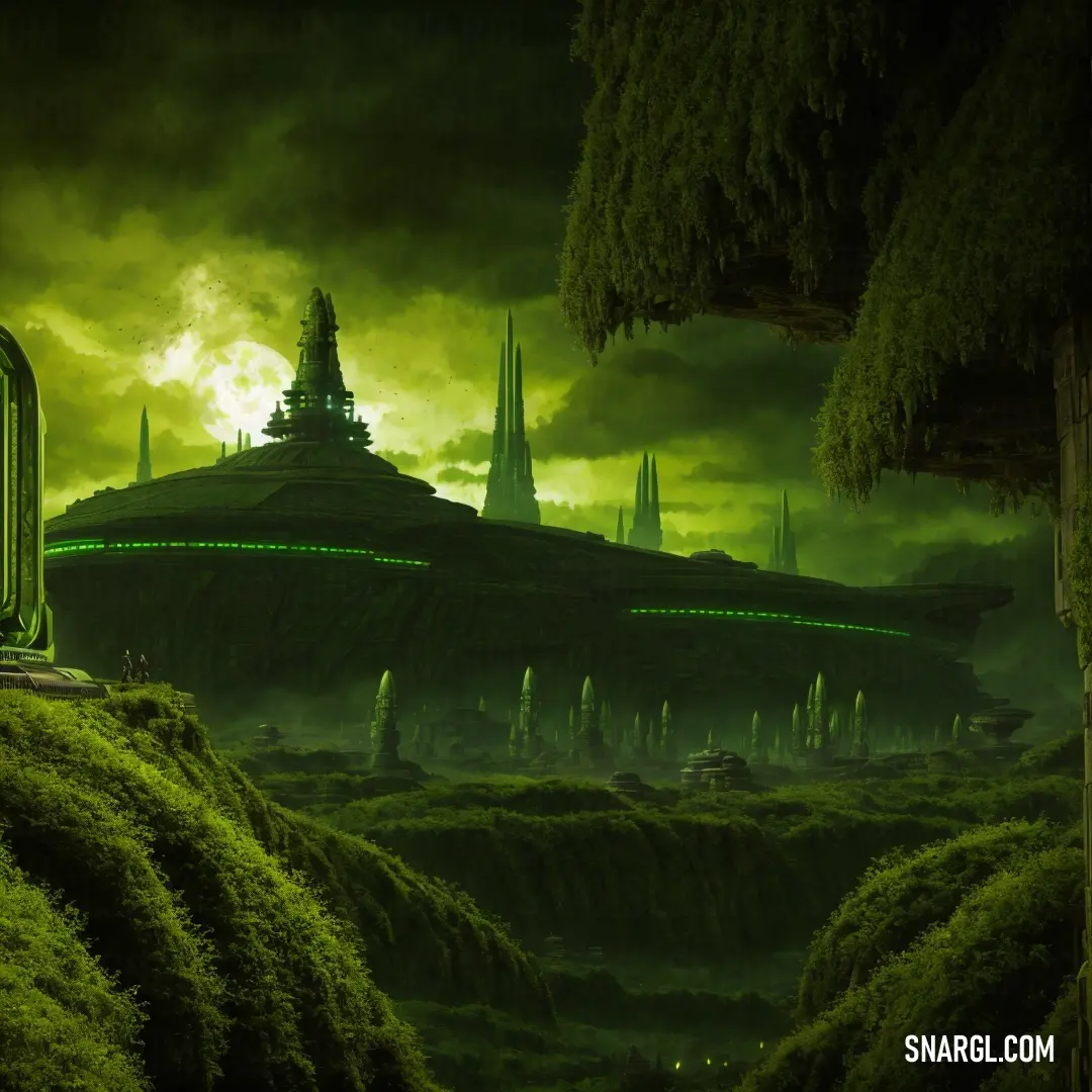Futuristic city with a green alien like structure in the background