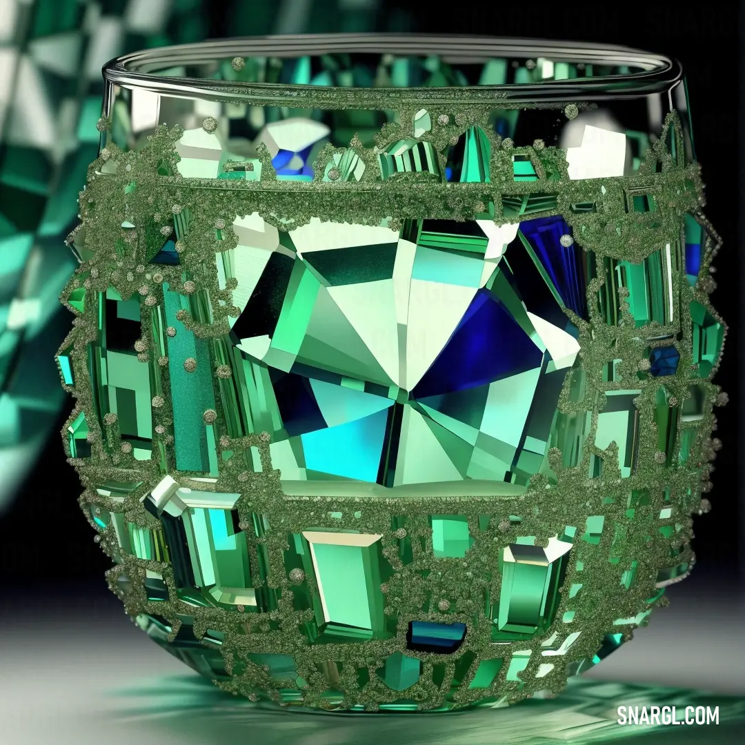 Green color example: Glass with a green and blue design on it's side and a black background