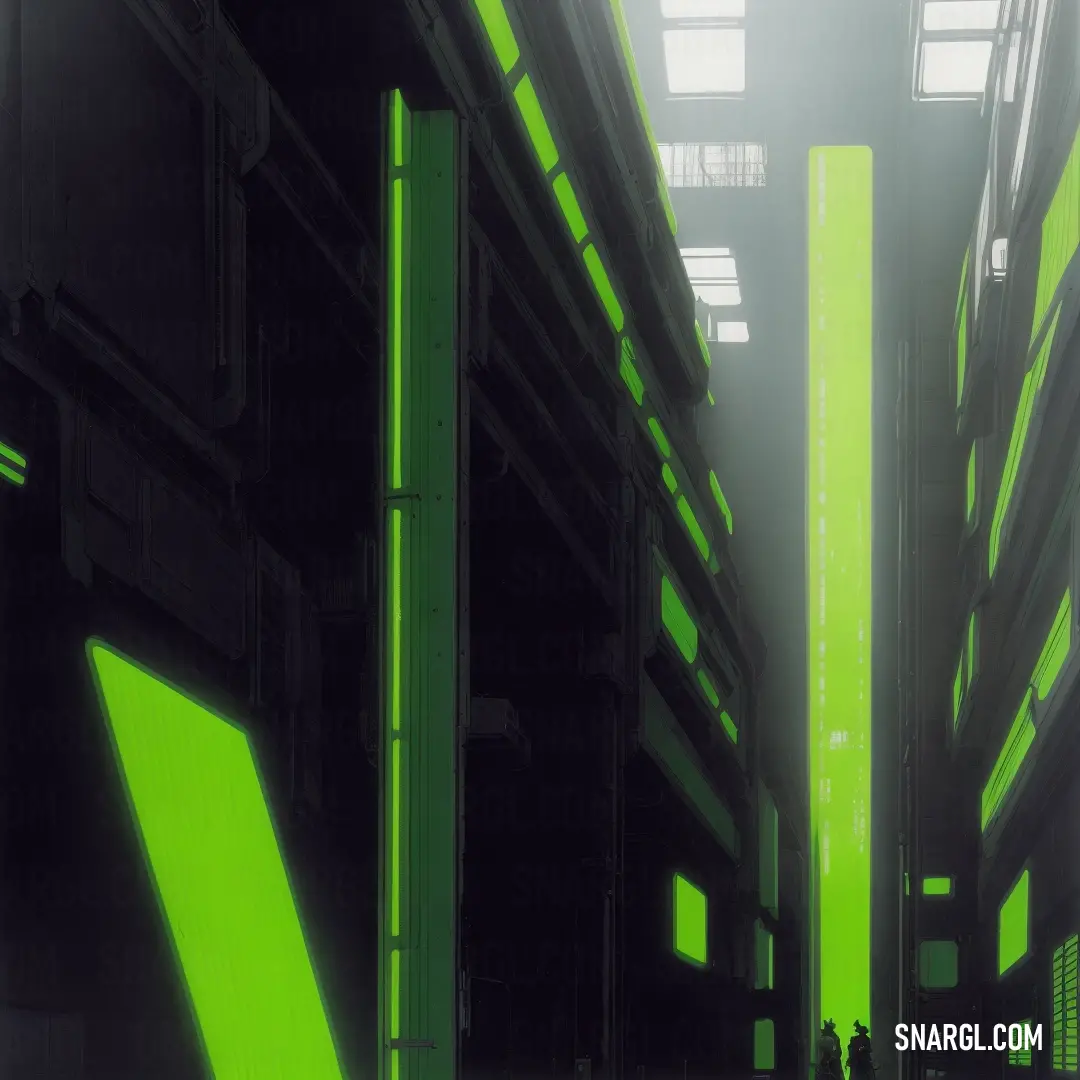 Green and black room with a person walking in it and a green arrow in the middle of the room. Example of #00FF00 color.