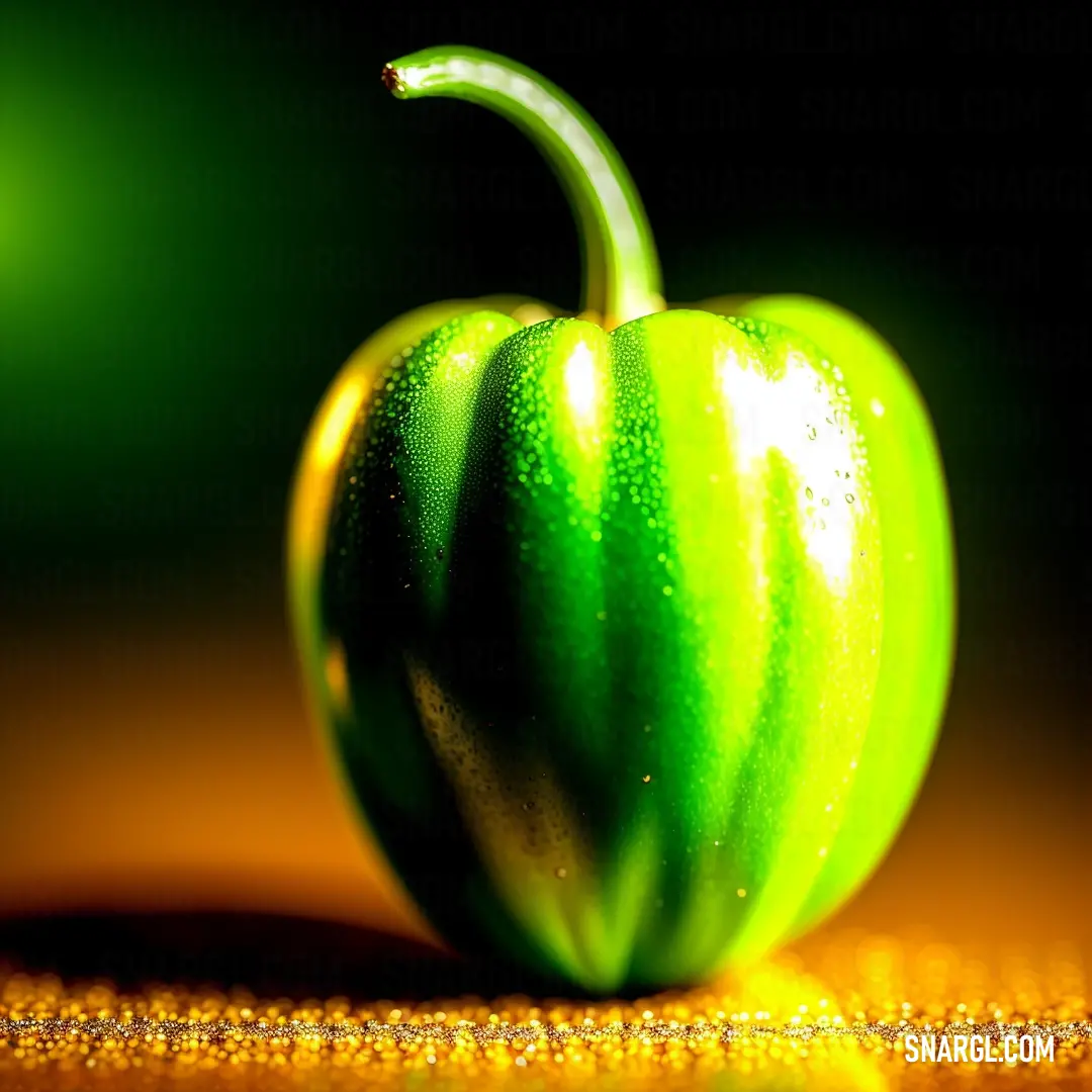 Green apple with a stem on a table with a gold background and a green background behind