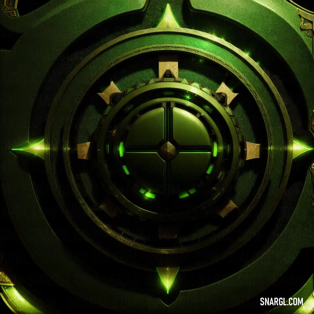 Green circular object with green lights in the center of it and a star pattern on the center of the circle