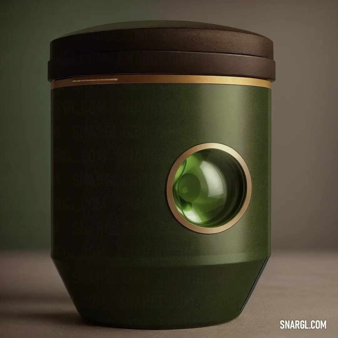 Green coffee cup with a gold rim and a green eyeball in the middle of the cup is a brown lid. Color RGB 0,255,0.