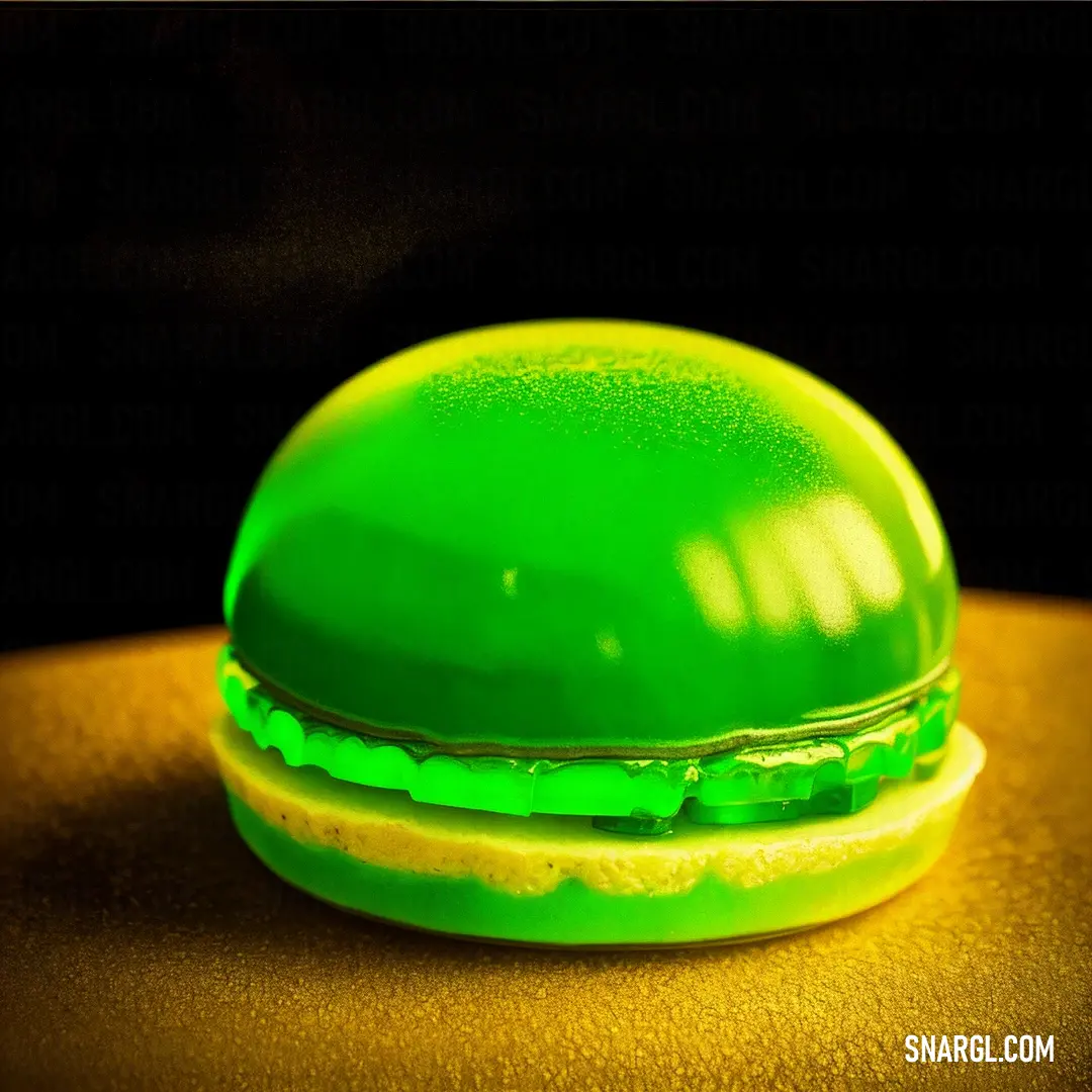 Green plastic hamburger on top of a table next to a black background. Example of Green color.