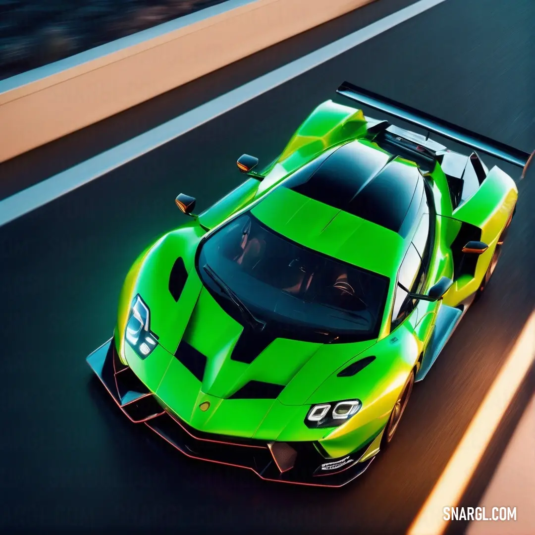 Green sports car driving down a road with a blurry background. Example of RGB 0,255,0 color.