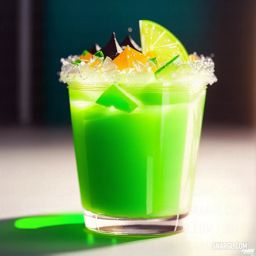 Green drink with lime and a slice of orange on top of it on a table with a shadow