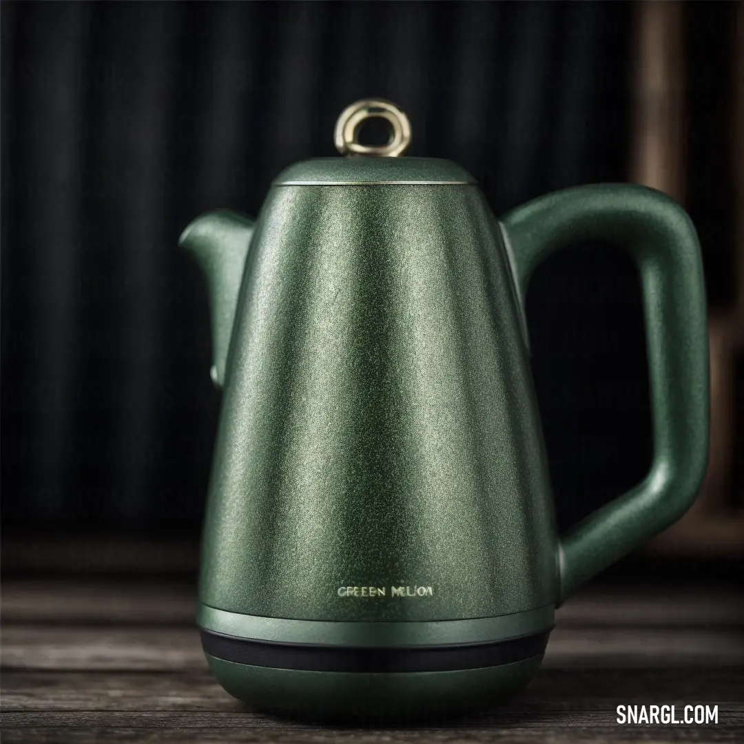 Green kettle on top of a wooden table next to a black curtain and a black curtain behind it. Example of RGB 0,255,0 color.