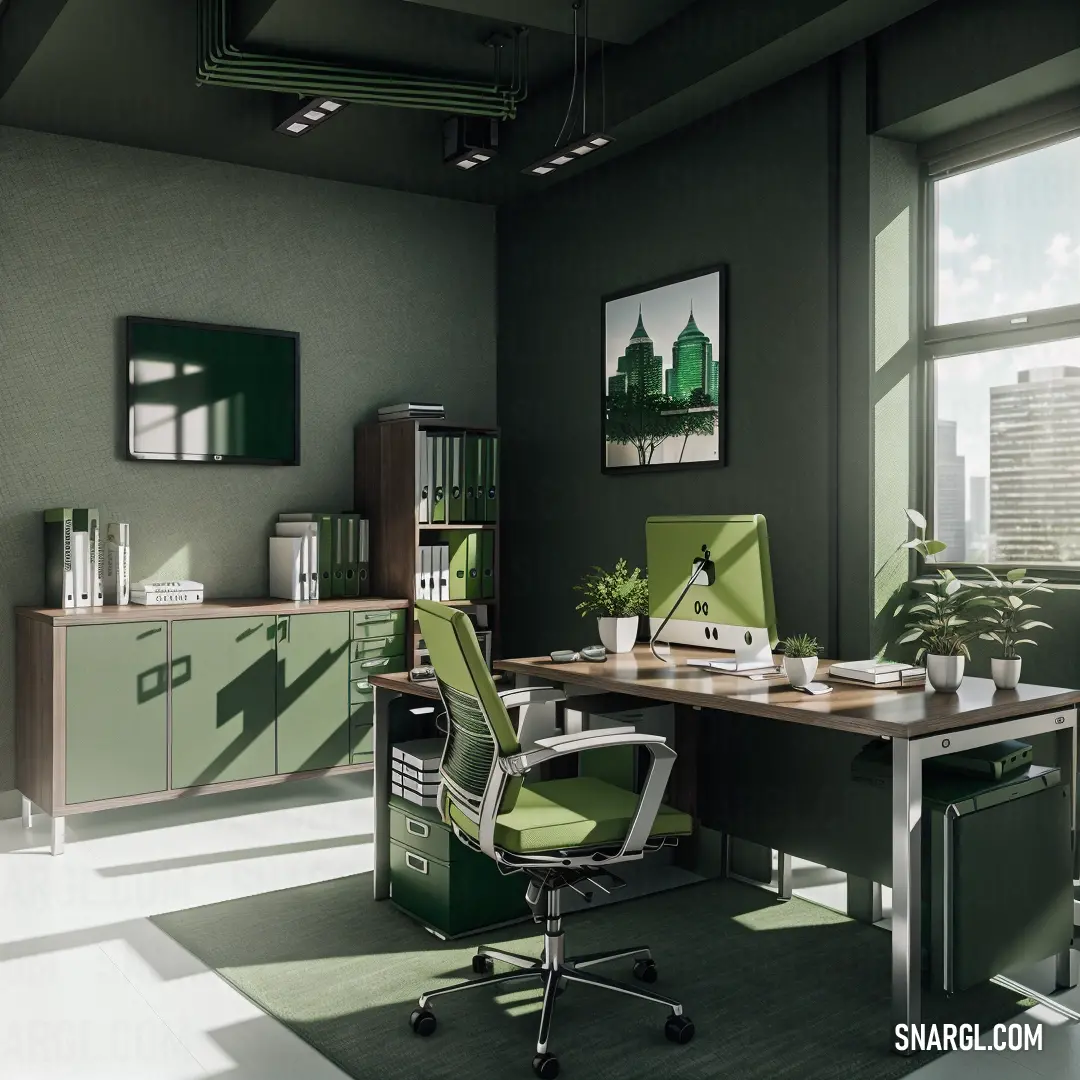 Green office with a desk and chair in the middle of it and a window in the background. Color #00FF00.