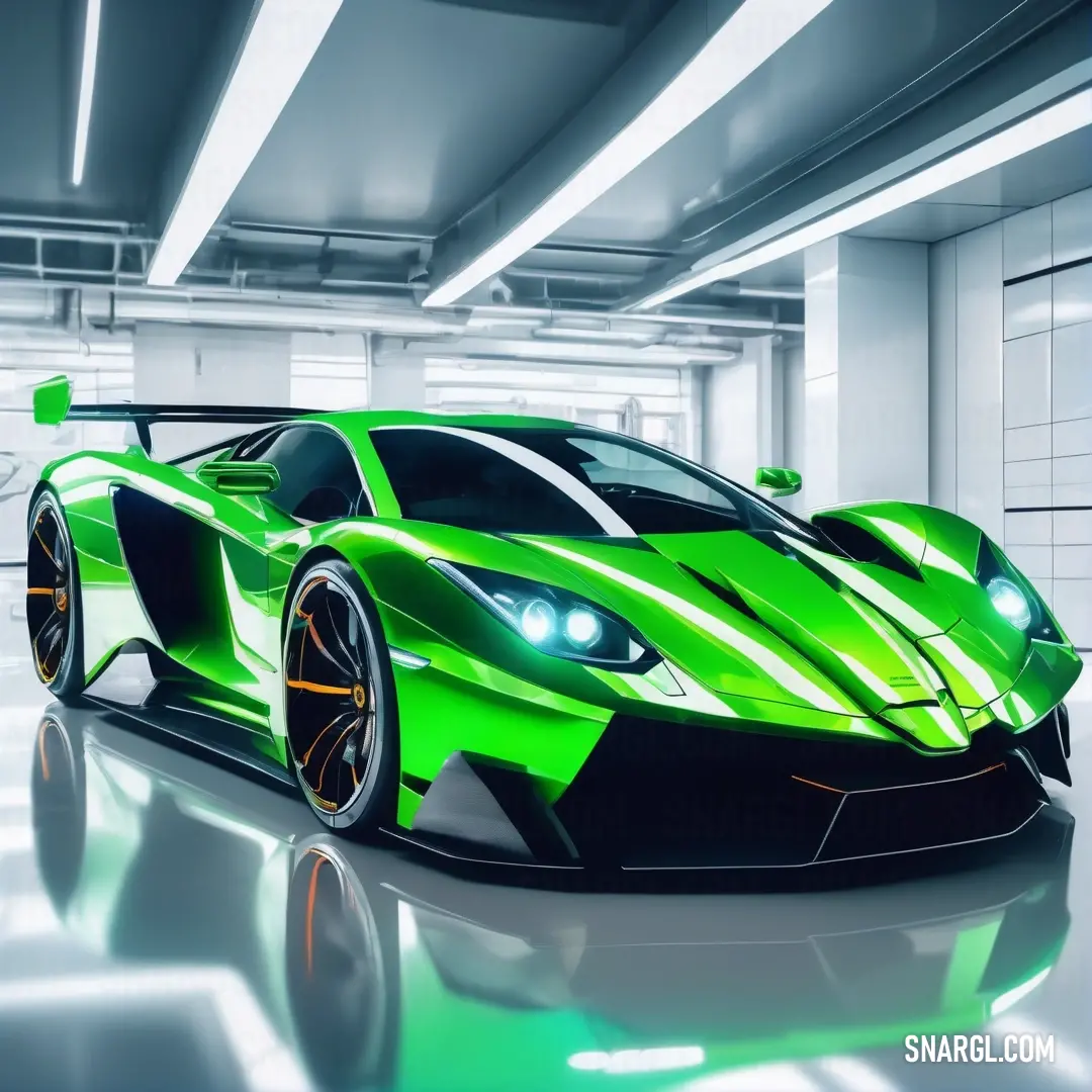 Green sports car parked in a parking garage with a white wall and flooring. Example of CMYK 100,0,100,0 color.