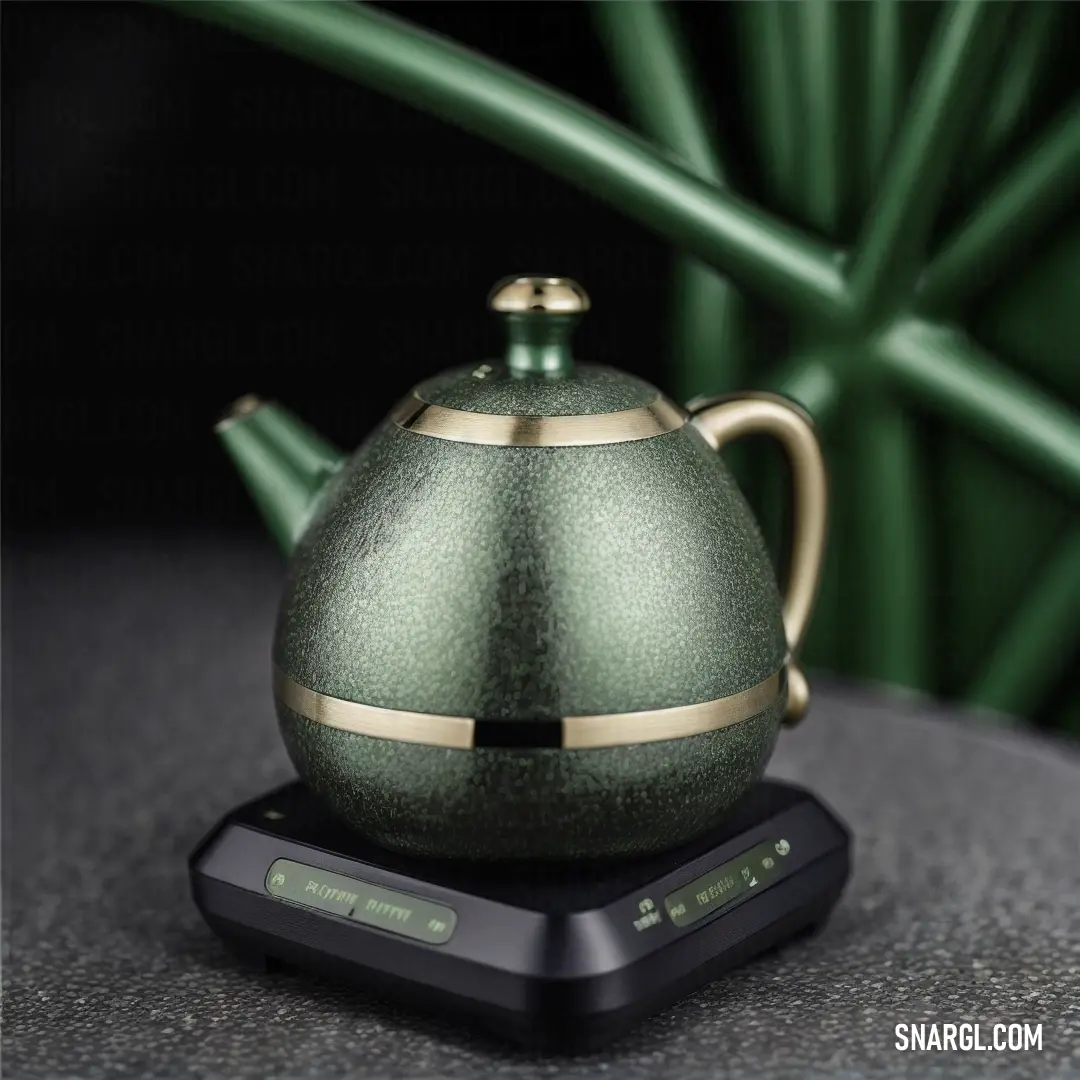 Green teapot on top of a cell phone on a table next to a plant with green leaves. Color Green.