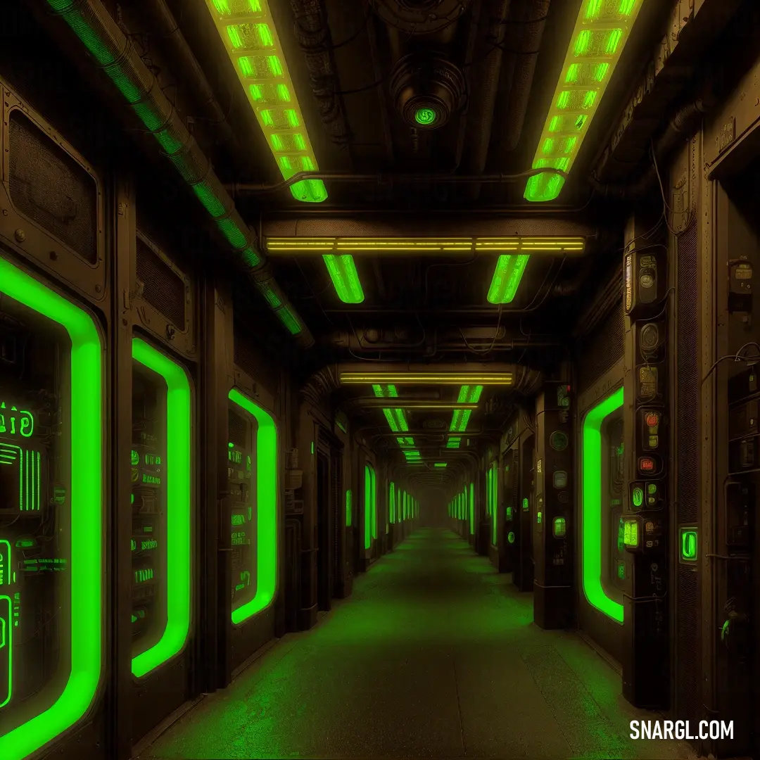 Long hallway with green lights and a clock on the wall and a clock on the ceiling and a long hallway