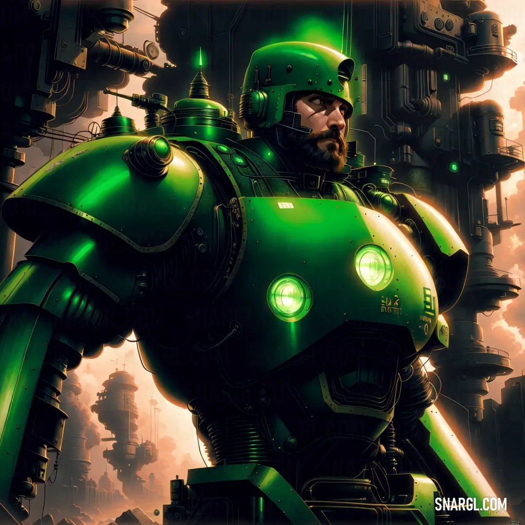 Man in a green suit standing in front of a giant robot with glowing eyes and a helmet on