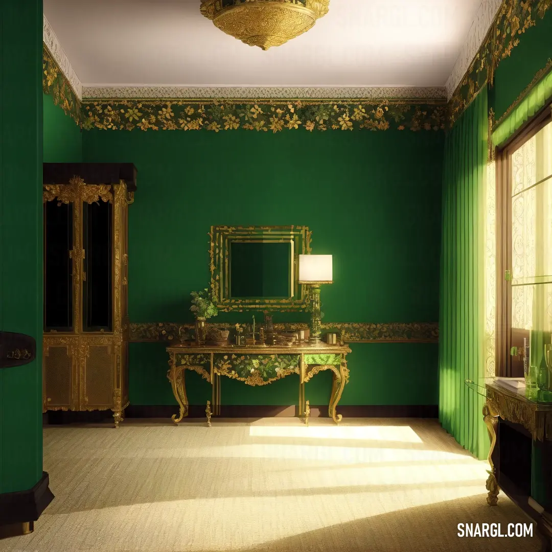 Room with a green wall and a gold table and mirror and a lamp on a table and a green wall. Color Green.