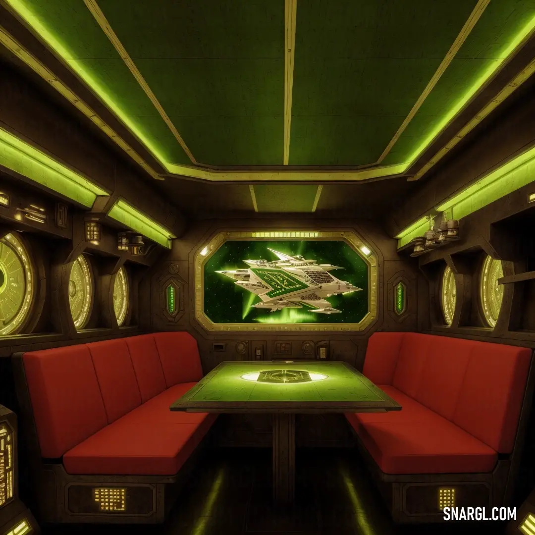 Room with a table and red seats and a television screen in the center of the room with a green light