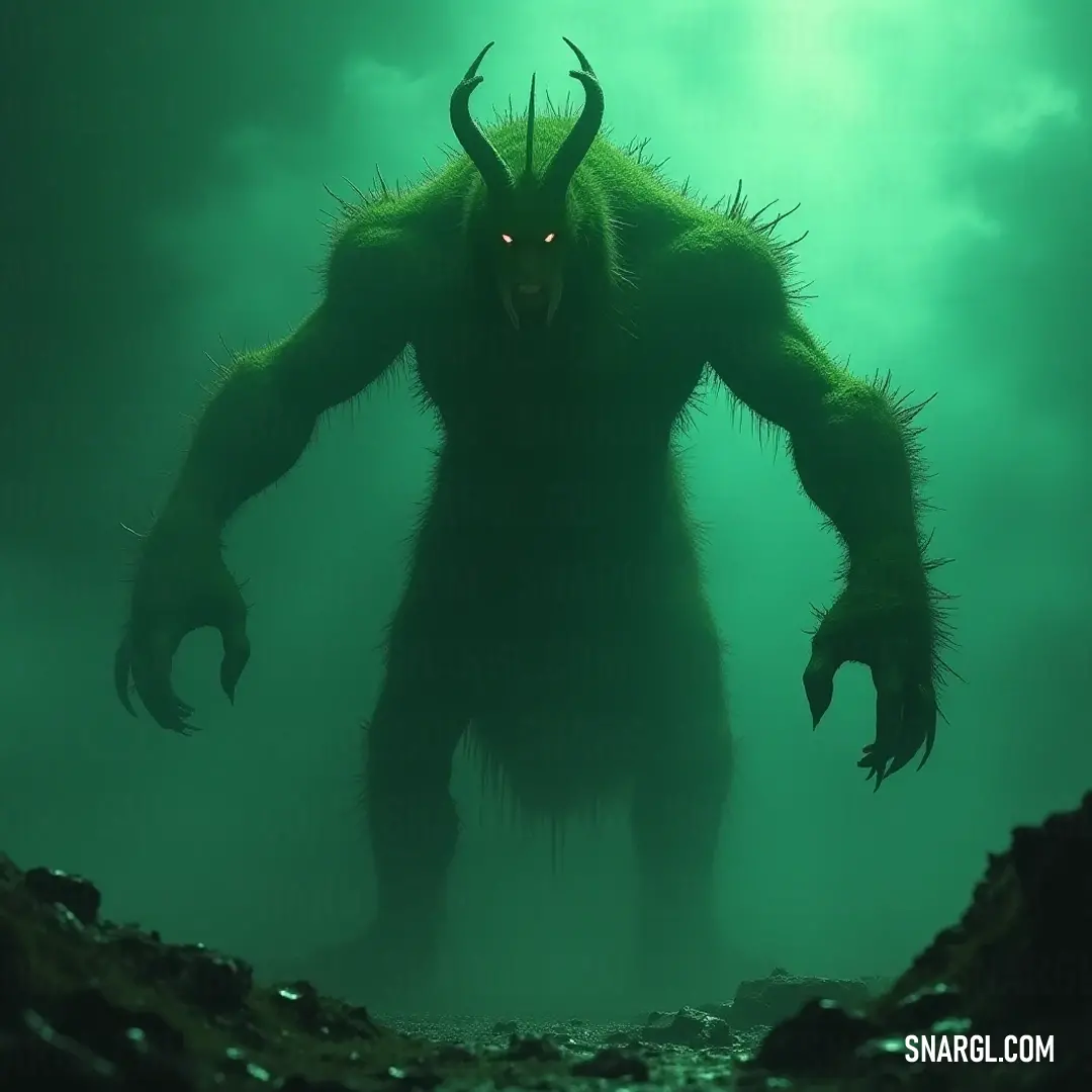 Towering majestically, the Giant Greenwarden of Marasa watches over the pristine waters, its enormous eyes and formidable horns reflecting a powerful connection to the rugged beauty of the natural world. A formidable Greenwarden, adorned with impressive horns and oversized eyes, commands attention as it stands strong and proud in the still waters, surrounded by simplified rocky landscapes that enhance its colossal stature.