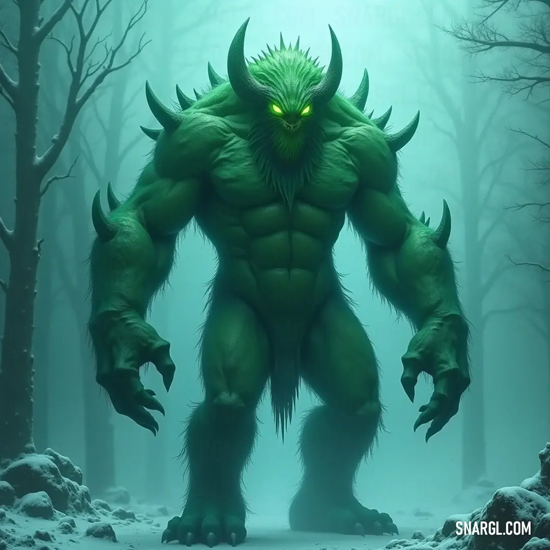 Amidst a frosty landscape, the majestic Green Greenwarden gazes out over the snow-covered ground, its magnificent stature harmonizing with the tranquil beauty of a winter forest awakening from slumber. The Green Greenwarden, with its towering horns and expressive eyes, stands amidst a serene blanket of snow, its form radiating a tranquil yet striking presence in the quiet forest filled with snow-laden trees.