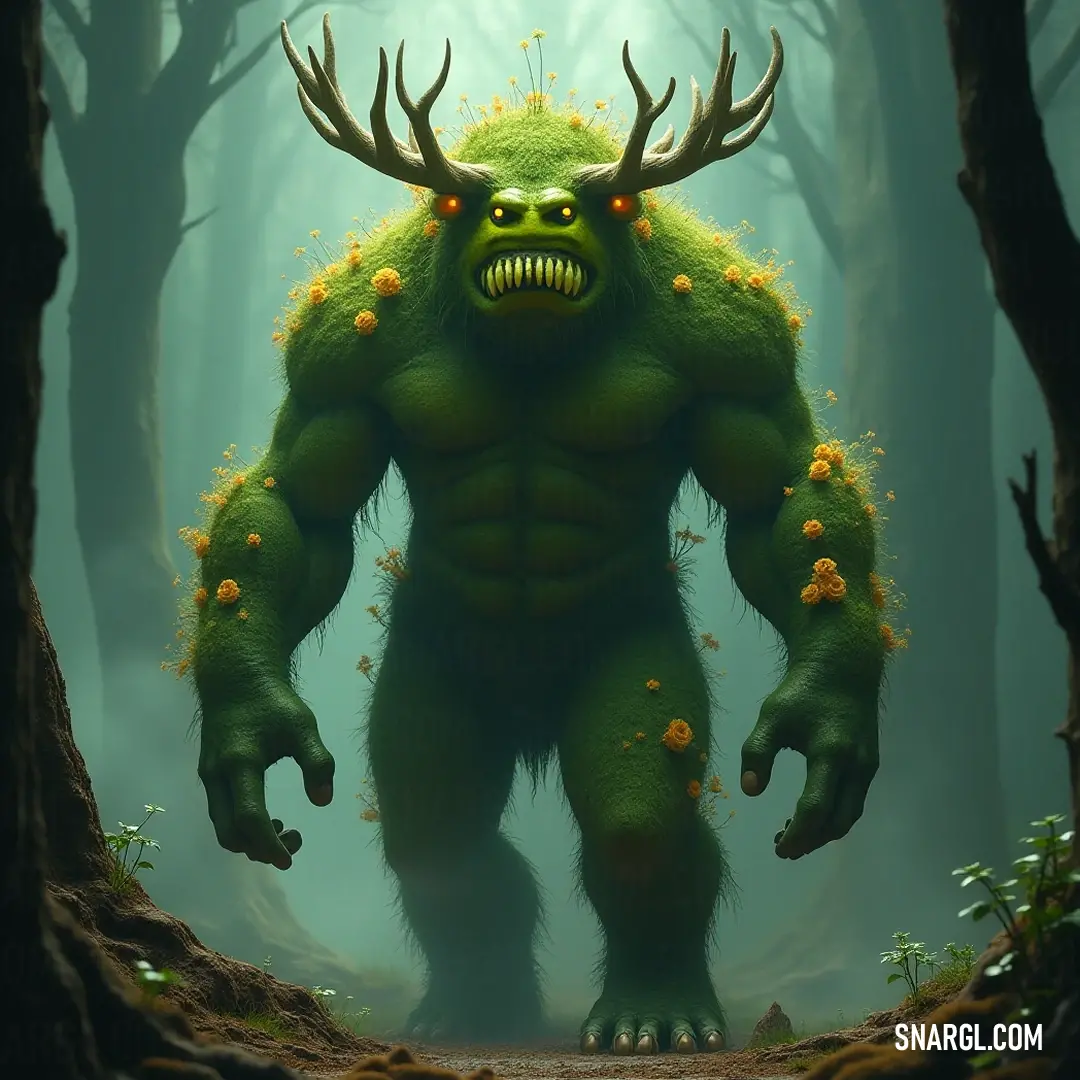 Vibrant Green Greenwarden of the Forest in a Lush Environment In a vibrant display of life, the Green Greenwarden of the Forest stands amidst lush trees and bushes, sporting impressive horns and glowing eyes. This ethereal being embodies the spirit of the forest, radiating energy and wisdom.