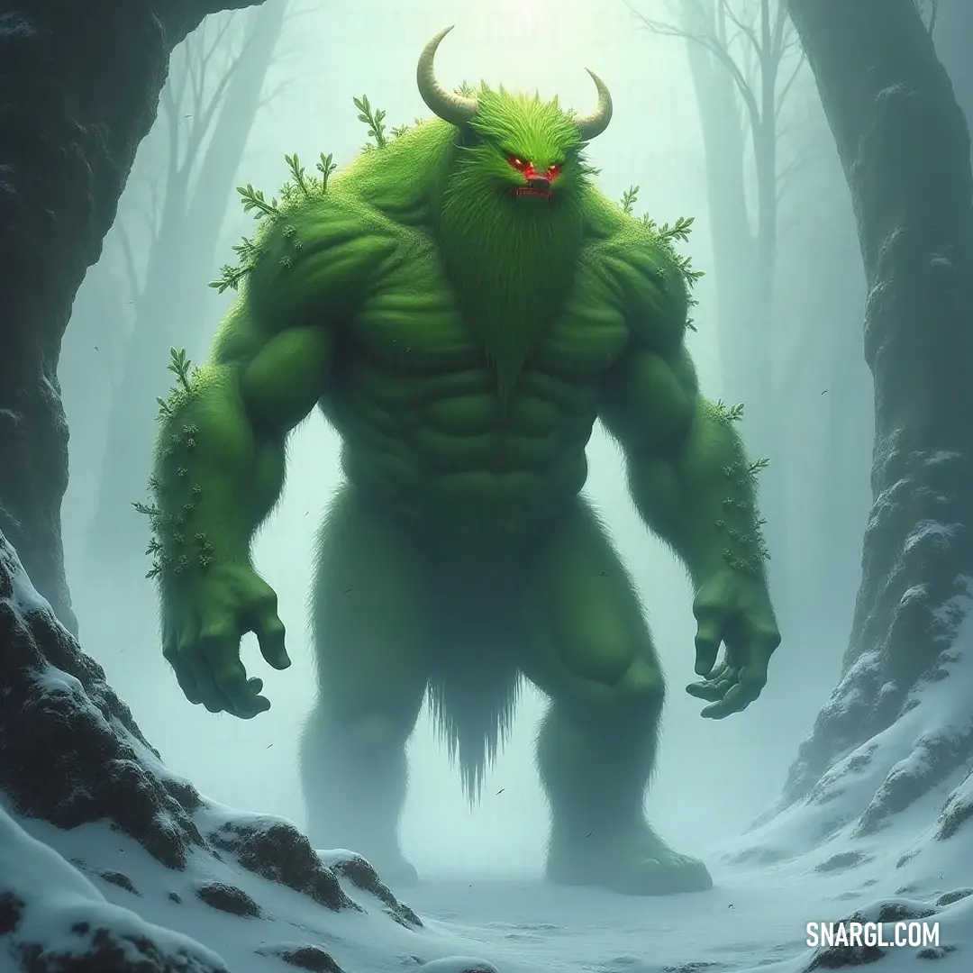 A majestic Green Greenwarden with horns and a captivating red eye in a serene, snowy forest, where every branch and flake shines with the magic of nature. A mystical Green Greenwarden with majestic horns and a piercing red eye stands vigil in a tranquil snowy forest, surrounded by towering trees dusted in white, embodying the spirit of winter's quiet beauty.