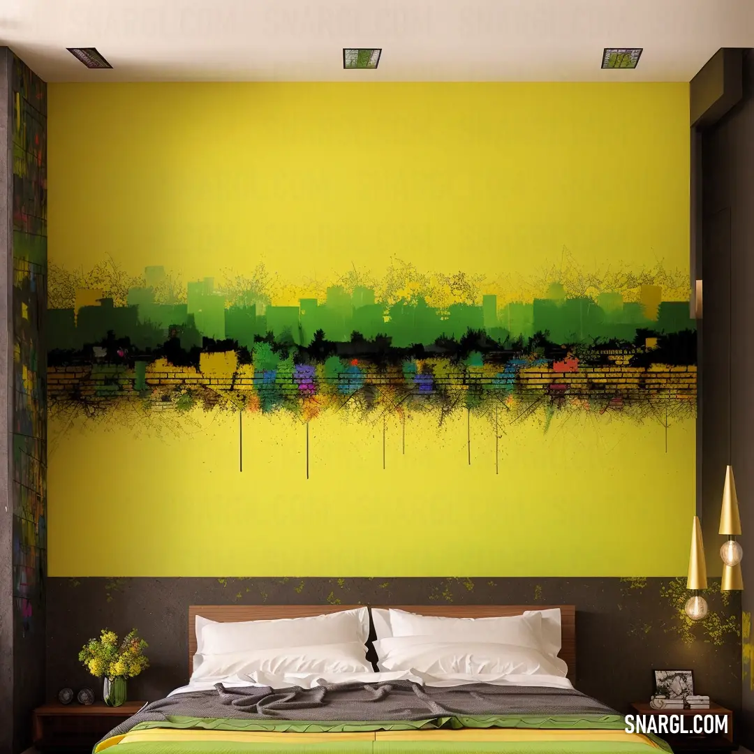 Bedroom with a large painting on the wall above the bed and a large bed with a green and yellow comforter