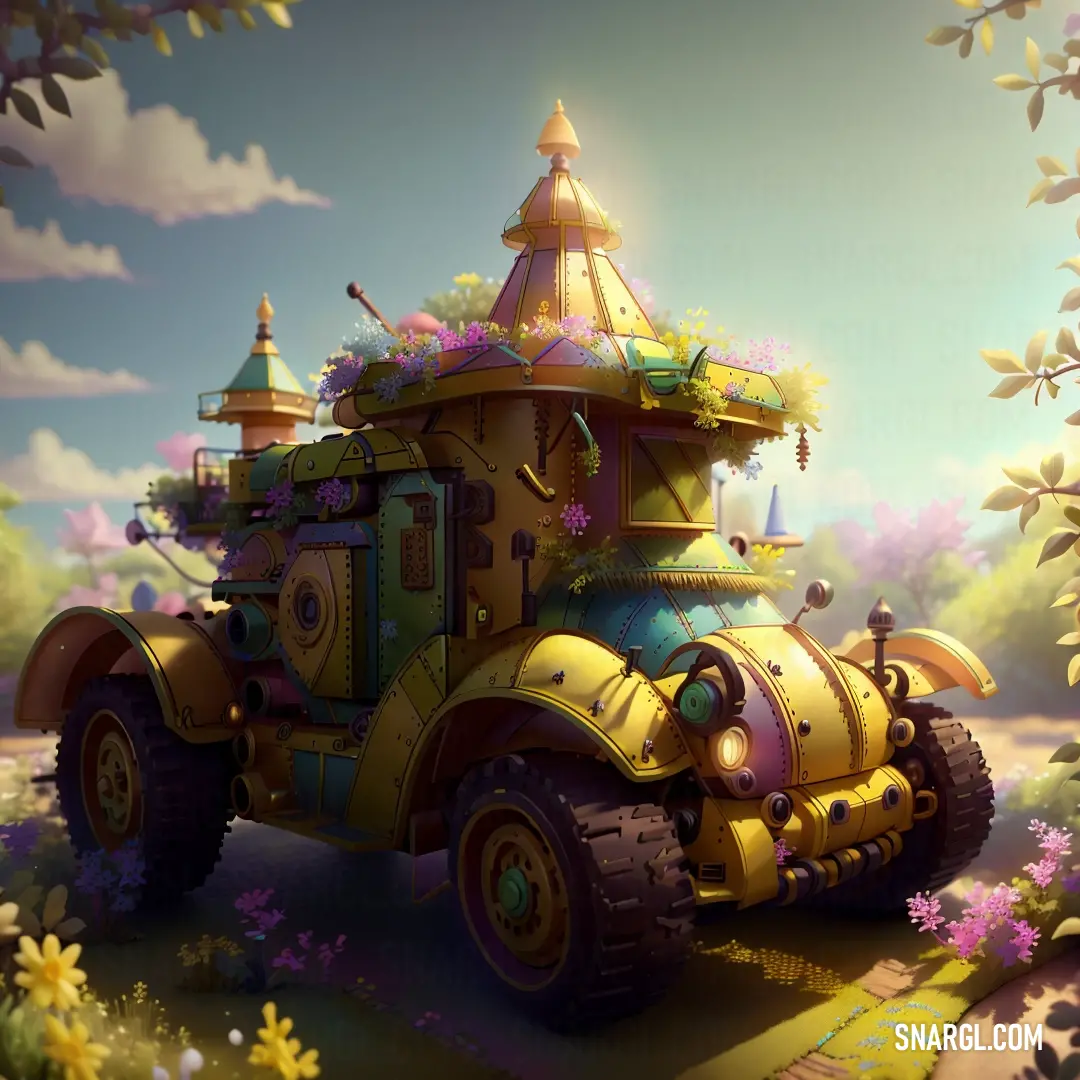 Cartoon car with a tower on top of it in a field of flowers and trees with a sky background