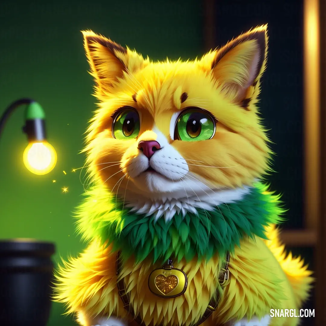 Cat with green eyes and a green collar next to a lamp and a black pot