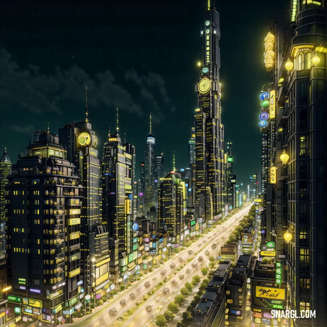 City at night with a lot of traffic and tall buildings with clocks on them and a street light