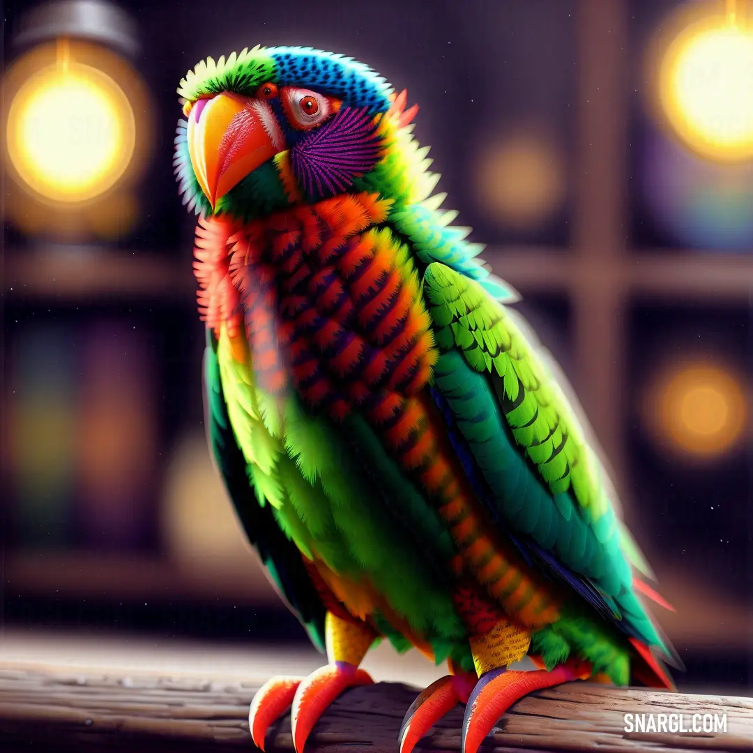 Colorful bird on a wooden branch in front of a window with lights in the background
