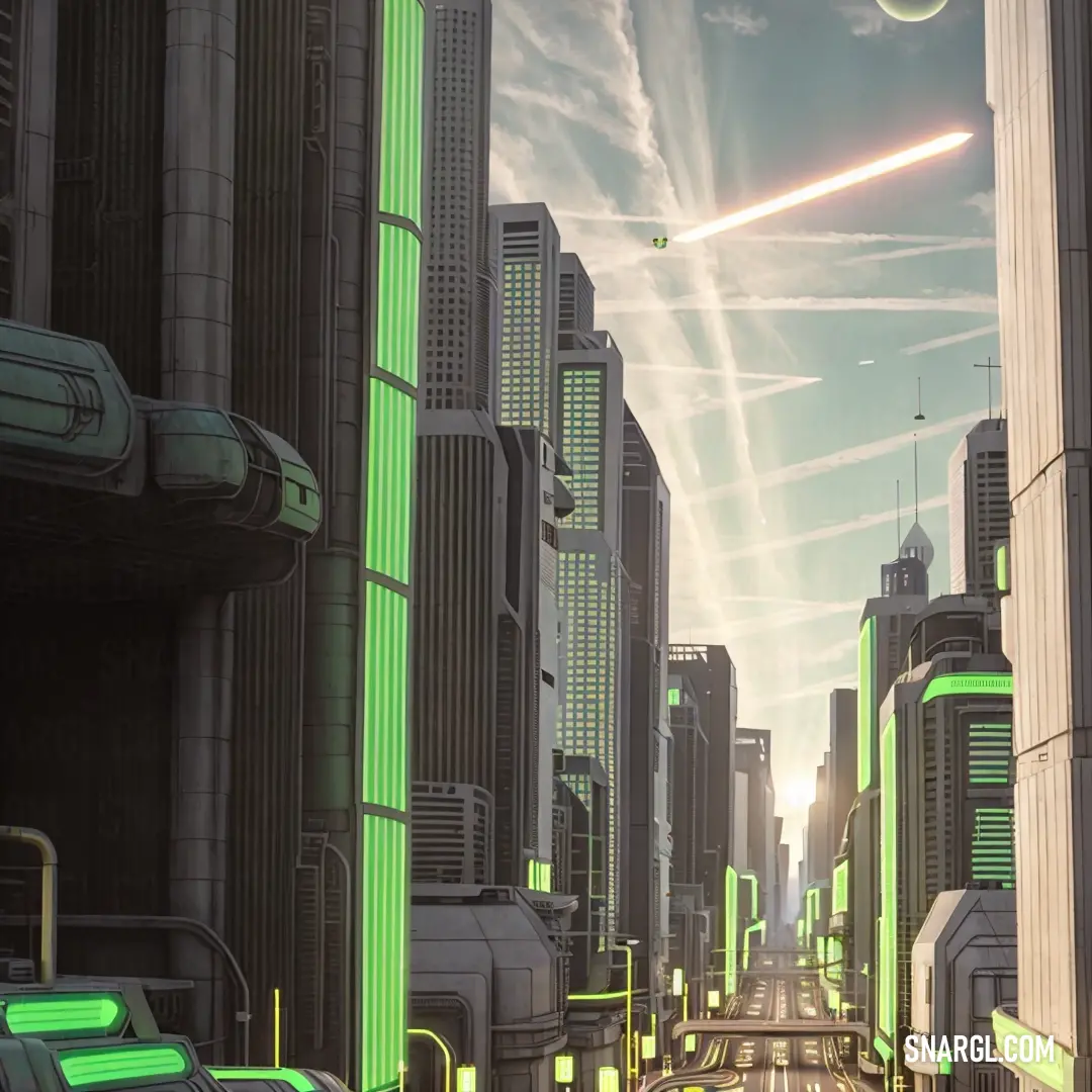 Futuristic city with a green light coming from the sky. Example of Green-Yellow color.