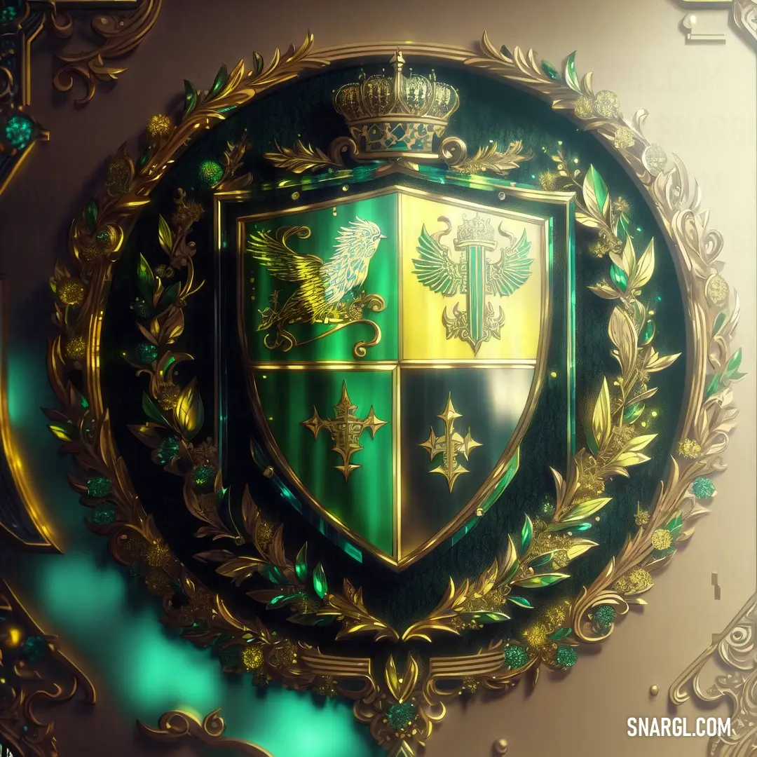 Green and gold shield with a crown on top of it and a green background with gold trim around the crest